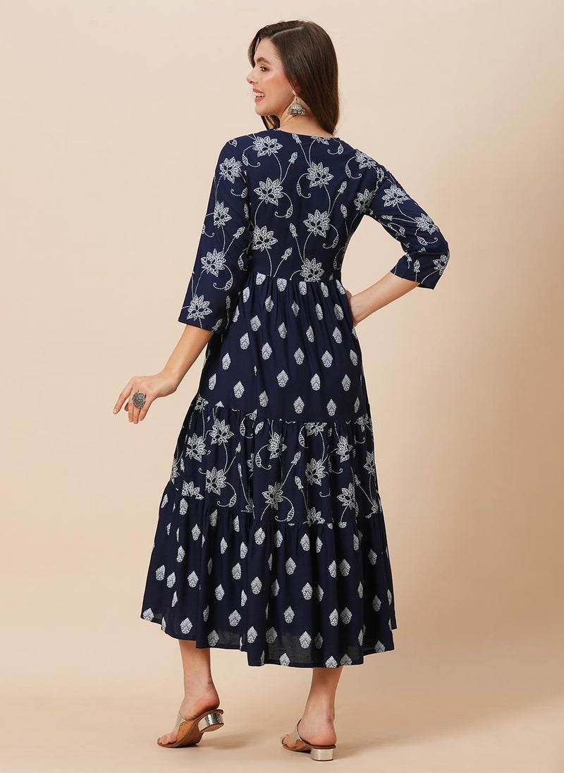 Globus Women Round Neck Floral Ethnic Print Gathered Tiered A-Line Midi Dress - Image 4